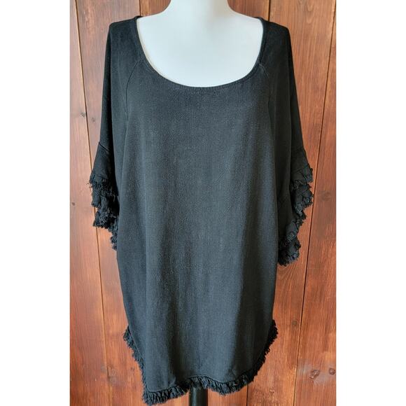 Umgee USA + W 1X Black Linen Cotton Top Fringe Sleeves & Hem Boho Chic Boxy Fit - Picture 1 of 12
